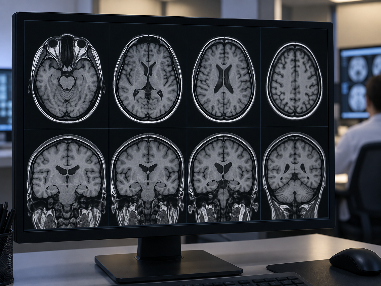 Illustrative radiology workstation showing grayscale brain MRI panels